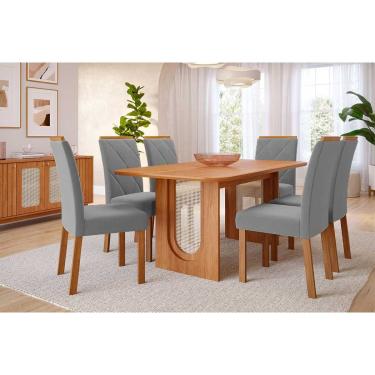 Imagem de Sala de Jantar Completa Valentina Tampo Madeirado 180x90cm e 6 Cadeiras Fernanda Cinamomo - Carvalho/Linho Grafite - Cimol
