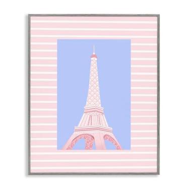 Imagem de Stupell Industries Torre Eiffel sobre listras rosa cinza emoldurado giclée design de arte por Pooja Dave, 20 x 16