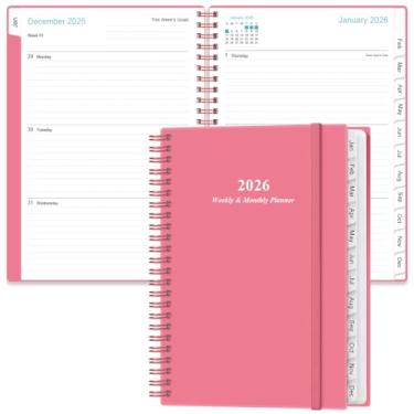 Imagem de Planner 2026 - Agenda semanal e mensal A5, encadernação espiral, janeiro de 2026 a dezembro de 2026, com capa flexível, abas, bolso interno, 16,3 cm x 21,6 cm, rosa