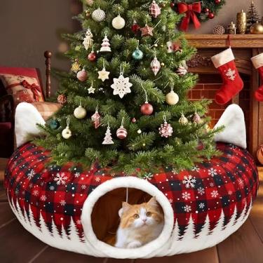 Imagem de CORALMEE Saia para árvore de Natal com túnel para gatos – camas para gatos em ambientes internos, brinquedos interativos com bola, preto e vermelho, xadrez, buffalo, peekaboo, gatos, caverna, donut