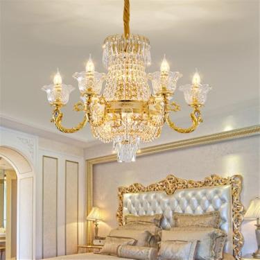 Imagem de OUFULA Lustre de cristal europeu para sala de estar de luxo Restaurante Americano Dourado Quarto Hotel Vila Edifício duplex Lâmpada Pendente (C 6 Luzes)