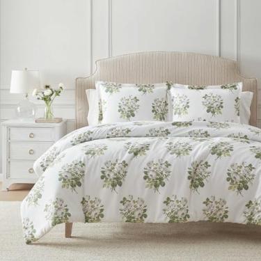 Imagem de Martha Stewart - Conjunto de edredom duplo, frente de cetim suave com brilho sutil e reverso de percal de algodão leve, conjunto de cama de 2 peças com fronha combinando (cinza floral Eloise)