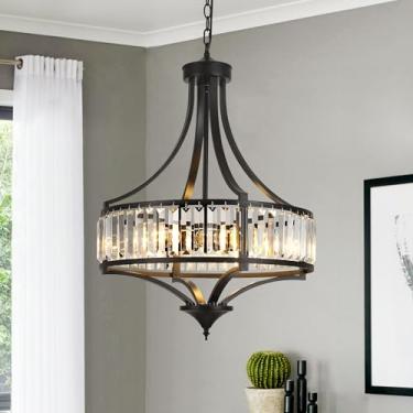 Imagem de CNRATYE Lustres de cristal modernos de 50,8 cm para sala de jantar, lustre pendente antigo preto 5 claros, luminária suspensa contemporânea para sala de estar, quarto, hall de entrada, cozinha, ilha