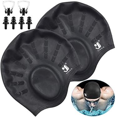 Imagem de Touca de natação unissex, pacote com 2 toucas de natação de silicone para cabelos curtos/longos com tampões de ouvido e clipe de nariz, chapéu de natação flexível à prova d'água para mulheres, homens, adultos, crianças, fácil de colocar e tirar, preto + preto