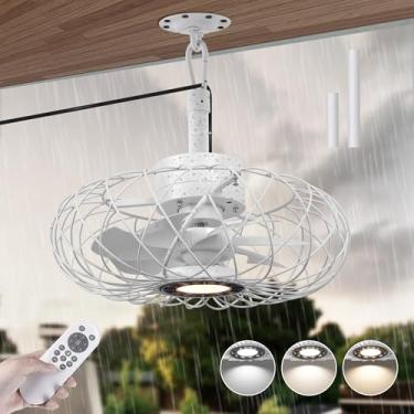 Imagem de PAZALA Ventiladores De Teto Tipo Gazebo De 15" Com Luzes E Controle Remoto, Ventilador De Teto Com Gaiola Fechada À Prova D'Água Com Luz Led De 3 Cores, Ventilador Portátil Suspenso Para Áreas Exte