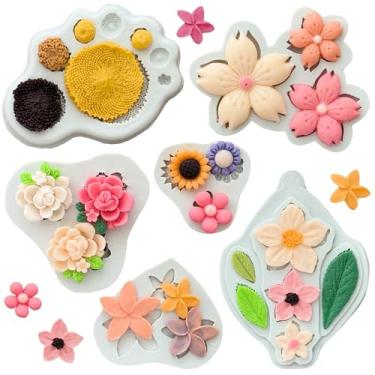 Imagem de Moldes de silicone de flores Sunfower molde de fondant pequeno fower moldes de chocolate para decoração de bolos topo de cupcake doces argila polímero sabão vela pasta de goma conjunto de 6