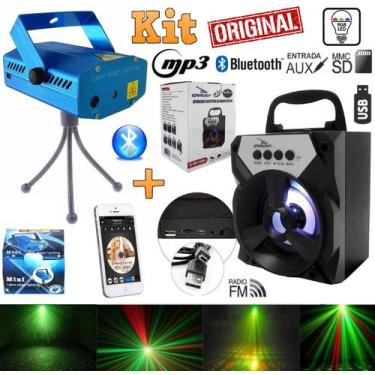 Imagem de Kit Projetor Laser Holográfico Efeitos Strobo Luz + Caixa Som Portátil
