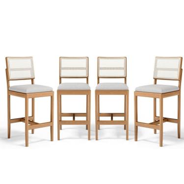 Imagem de Kit Com 4 Banquetas Milena Madeira Maciça Assento Estofado Encosto De Tela Sintética