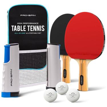 Imagem de PRO SPIN Kit de Ping Pong com Mesa Portátil, 2 Raquetes, 3 Bolas e Estojo Compacto, Vermelho, Preto