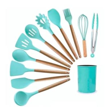 Imagem de Conjunto De Cozinha – Kit De 5/12 Peças De Utensílios De Silicone Antiaderente, Com Cabos De Madeira Resistentes Ao Calor E Ideal Para Panelas Antiaderentes(Kit 12 Verde)