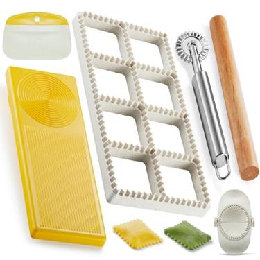 Imagem de MUMSUNG Prensa para ravióli, conjunto de moldes de prensa de ravioli - Cortador de carimbos quadrados de 4,7 cm com rolo de madeira, kit de prensa de empanada de 6,6 cm e roda de ravióli, faz 8