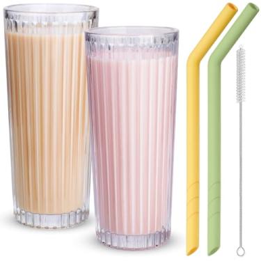 Imagem de NiHome Pacote com 2 copos altos de parede grossa de 510 g com canudos de silicone, copos canelados vintage para coquetéis, Collins, chá Boba Leite, Smoothies, copos altos antiderrapantes essenciais