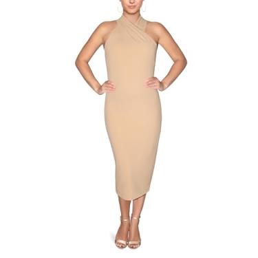 Imagem de RACHEL Rachel Roy Vestido feminino Harland elegante sem mangas colado ao corpo midi para coquetel, Amêndoa, M