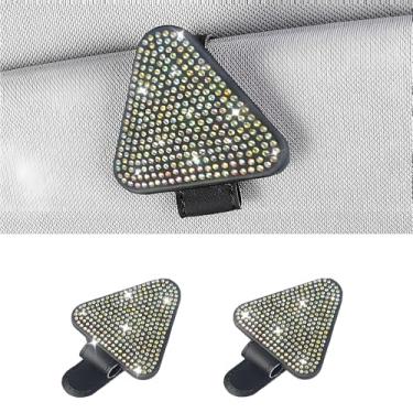 Imagem de MINGZAIQIPEI 2 peças de porta-óculos de sol triangulares de strass brilhante para viseiras de carro de couro magnético organizador de óculos de sol clipe de bilhete (colorido)