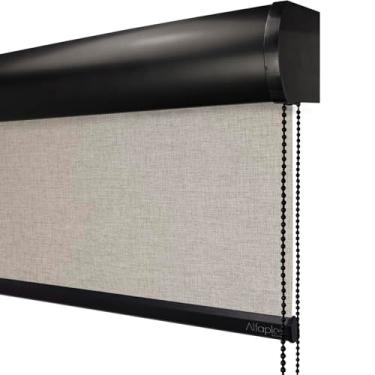 Imagem de Cortina Persiana de Rolo, Rollon, rolô Blackout, black out, blacaute (2,75 (lar) x 1,80 (alt) - COM BANDÔ, Linho Bege - Acabamento Preto)