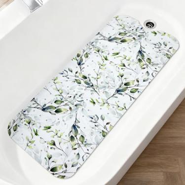Imagem de Tapete de banheira antiderrapante 102 x 40 cm tapete de banho de folhas extralongas para banheira decorativo tapete de banheira com orifícios de drenagem, ventosas floral, decoração de banheiro de