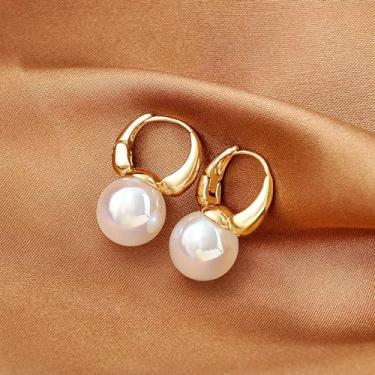 Imagem de Brincos de pérola banhados a ouro 14K para mulheres, redondos, pequenos, leves, argolas, clássicos, não mancham, joias elegantes e modernas, presentes para mulheres, Medium, Latão, Sem pedra preciosa