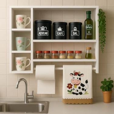 Imagem de Organizador de Cozinha Multifuncional, Porta Temperos de Parede em MDF, 70x70cm, com Prateleiras para Condimentos, Porta Papel Toalha, Decorativo