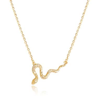 Imagem de Colar feminino banhado a ouro 14 K, pingente de cobra de zircão cúbico feito à mão, joias minimalistas, presentes, Medium, Latão, Sem Pedra Preciosa