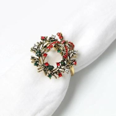 Imagem de Conjunto de 2 anéis de guardanapo de guirlanda de Natal, anéis de guardanapo de strass para guardanapos de pano, fivela de guardanapo para decoração de mesa de jantar de Natal, Ação de Graças, feriado