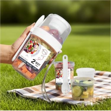 Imagem de Copo de salada de 2 camadas com colher e recipiente de molho de 765 g Recipiente portátil para café da manhã com tampas e garfo para piquenique de viagem