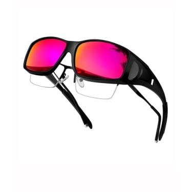 Imagem de Fit Over Óculos de sol feminino masculino polarizado envolver óculos de sol retangulares esportivos óculos de sol para dirigir ciclismo SY6172, Armação preta | Lente espelhada roxa