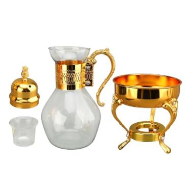 Imagem de Sunicon Bule de chá turco vintage, conjunto de cafeteira de vidro aquecível, com tampa e copo para uso doméstico e no escritório (ouro)
