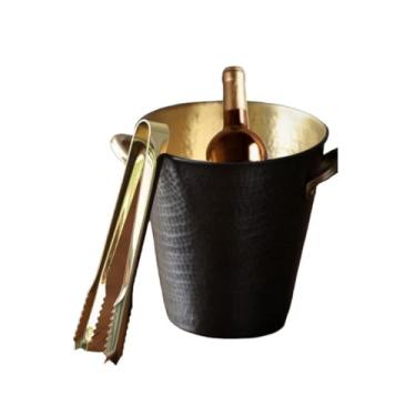 Imagem de Balde de gelo de aço inoxidável bicamada preservação do calor isolamento frio bonito KTV champanhe vinho tinto cerveja gelo bloco de gelo balde comercial (com clipe de gelo dourado, G)