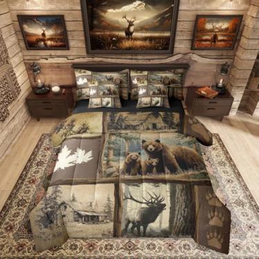 Imagem de Erosebridal Conjunto de edredom completo de 7 peças xadrez urso-pardo, casa de fazenda rústica para crianças, meninos, homens, cama de folha de bordo em um saco com lençóis, temática de caça e vida