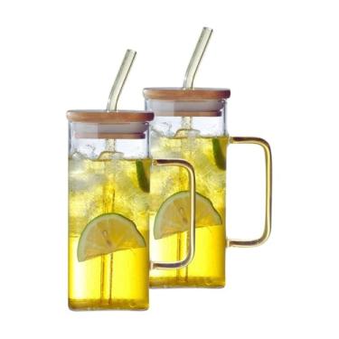 Imagem de Kit 2 Copos de Vidro 350ml com Tampa de Bambu e Canudo Incluso