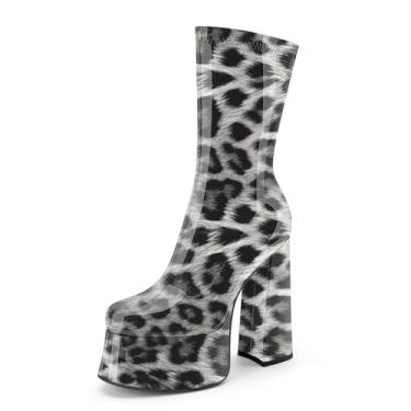 Imagem de Perisis Bota feminina de cano curto com plataforma GoGo, salto alto, redondo, com zíper, de couro, cano médio, para festa rave, Patente de leopardo cinza, 36