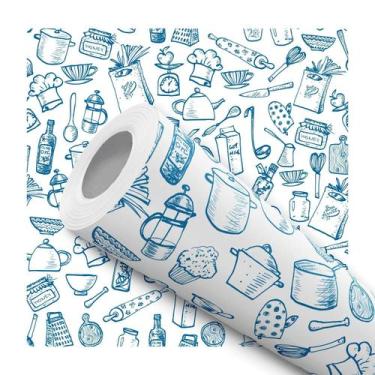 Imagem de Papel de Parede Vinílico Utensilios Cozinha Azul E Branco 2.5m - DELIQ