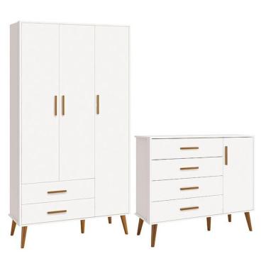 Imagem de Jogo De Quarto Infantil Isis Guarda Roupa 3 Portas E Cômoda 1 Porta Branco - Reller Móveis Branco