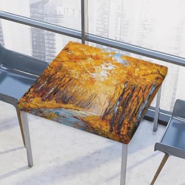 Imagem de hongjinglin Toalha de mesa quadrada para uso externo com borda elástica, toalha de mesa quadrada limpável, floresta, dourada, para ambientes externos, pátio, sala de jantar, cozinha, decoração para