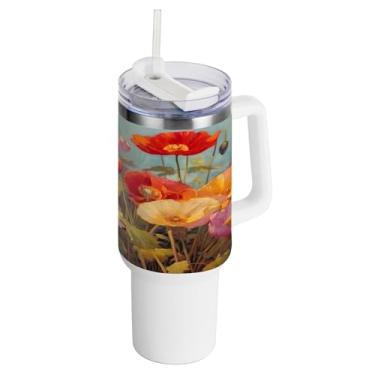 Imagem de xigua Copo vintage de flores silvestres de 1,134 g com alça e canudo, aço inoxidável duplo isolado a vácuo garrafa de água suporte de copo de garrafa de água amigável à prova de vazamento copo de