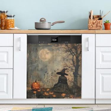 Imagem de ATTX Capa de ímã para lava-louças Halloween Pumpkin Witch, 58,4 cm C x 66 cm A, decoração da capa da máquina de lavar louça, decalques de armário doméstico eletrodomésticos adesivos #140