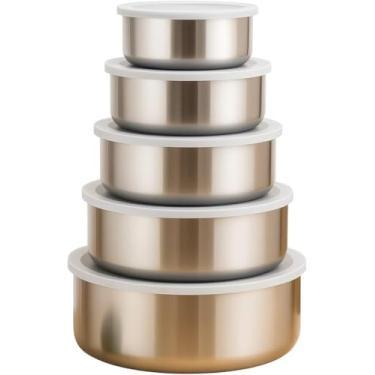 Imagem de Conjunto de 5 Tigelas/Potes de Inox com Tampa Hermética – Aço Inox Premium, Vedação Forte, Multiuso para Cozinha, Marmita e Armazenamento