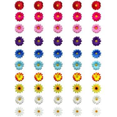 Imagem de Bairdish 50 peças de mini flores falsas de seda pequenas margaridas falsas a granel para artesanato, tecido 3D, flores de feltro, cabeças de girassol artificiais soltas para bricolage, roupas de