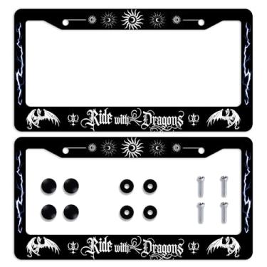 Imagem de 2 peças de moldura de placa de carro de dragão místico, relâmpago, lua, runa escura, molduras personalizadas de aço inoxidável, placas de carro, molduras engraçadas para placas de carro decorativas