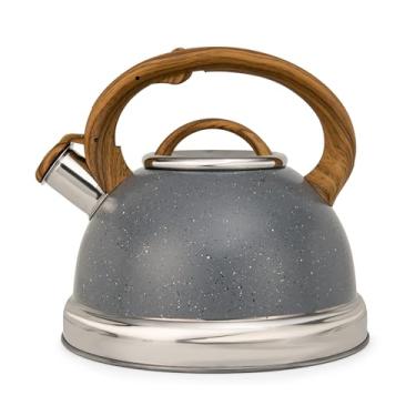 Imagem de OSTER CHALEIRA COM APITO 3 LITROS CLYDEPARK - CORPO EM AÇO INOXIDÁVEL COM ACABAMENTO MARMORIZADO DARK GREY, CABO COM REVESTIMENTO SOFT TOUCH QUE IMITA MADEIRA E BASE COMPATÍVEL COM INDUÇÃO