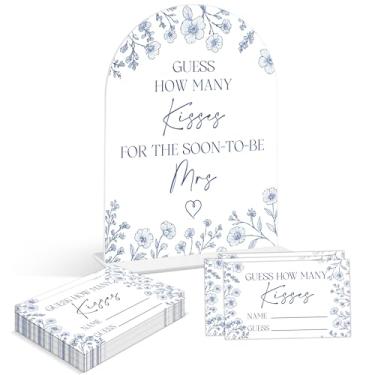 Imagem de Jogos de chá de panela - Something Blue Before I Do How Many Kisses, 1 placa de acrílico em arco e 50 cartões de adivinhação, decoração de chá de panela, suprimentos de decoração de casamento florais
