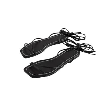 Imagem de GORGLITTER Sandálias planas femininas com cadarço, bico aberto, sandálias casuais de amarrar, Preto, 8