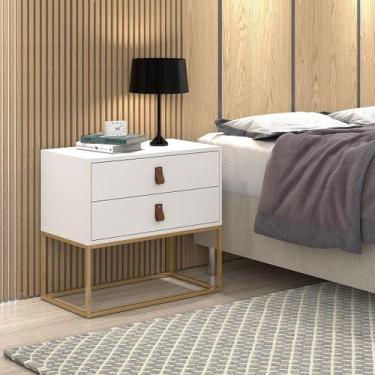 Imagem de Mesa de Cabeceira Branco Unic 60 Estilo Industrial Puxador de Couro Ba