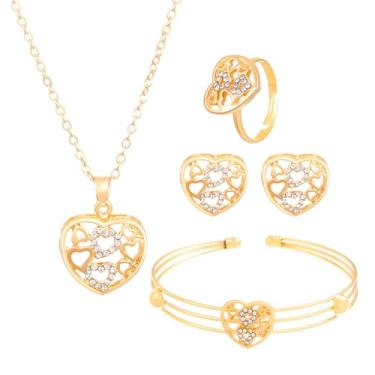 Imagem de QLYOVWE Conjunto de joias de coração banhado a ouro 14K para mulheres lindo colar oco em forma de amor brincos de cristal delicados pulseira anel ajustável charme baile de casamento joias presente