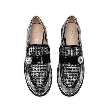 Imagem de Mocassins femininos com sola xadrez tipo penny, feminino, strass brilhante, pérola, salto baixo, moderno, sem cadarço, elegante, bico redondo, confortável, festa, noite, glitter, espuma viscoelástica,