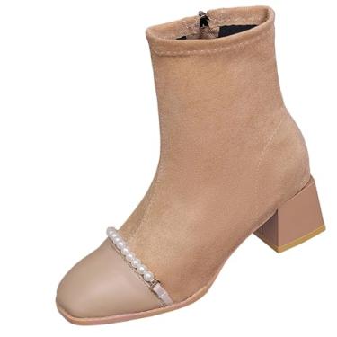 Imagem de Botas femininas modernas, casuais, de inverno, confortáveis, cano baixo, bico fino, bico fino, zíper nas costas, salto baixo, Caqui, 35