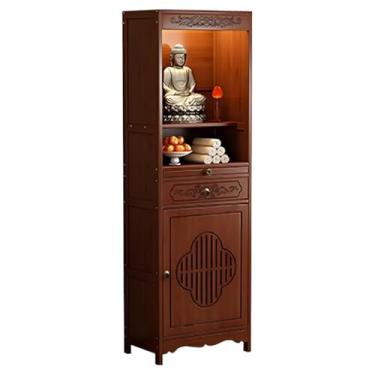 Imagem de Mesa de altar pessoal de madeira com armazenamento, armário de nicho de buda chinês, mesa de oferta de meditação gravada vintage com queimador de incenso (aberta, 38 cm)