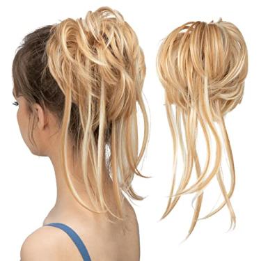 Imagem de CJL HAIR Extensões de coque bagunçado de cabelo cacheado com cauda reta cabelo sintético scrunchies rabo de cavalo para mulheres loiro dourado/loiro de praia