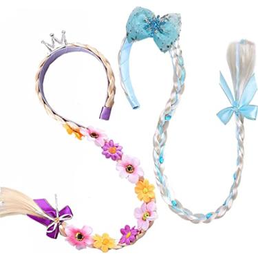 Imagem de Yosbabe 2 peças de perucas trançadas longas princesa peruca rapunzel trança Elsa meninas cosplay faixa de cabelo acessórios para meninas pequenas