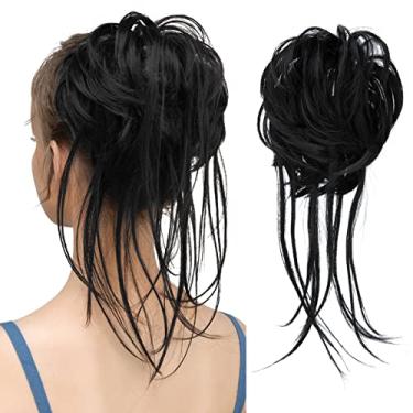 Imagem de CJL HAIR Extensões de coque bagunçado de cabelo cacheado com cauda reta cabelo sintético scrunchies rabo de cavalo para mulheres preto azeite